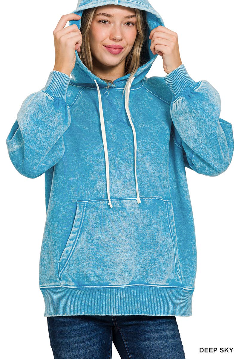 Acid Wash Fleece Hoodie With Pockets