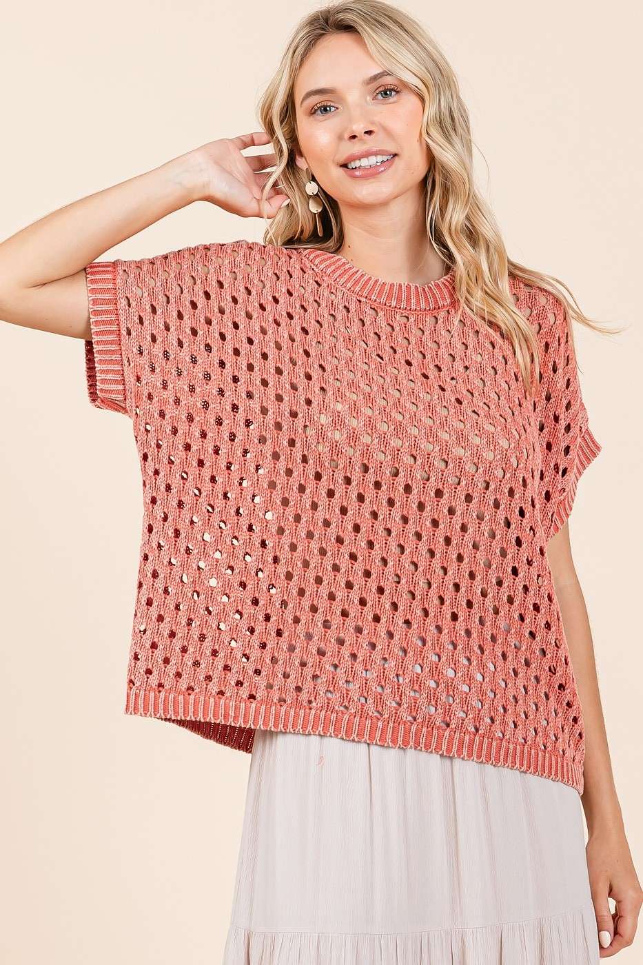 MINERAL WASH OPEN KNIT SHORT SLEEVE SWEATER TOP