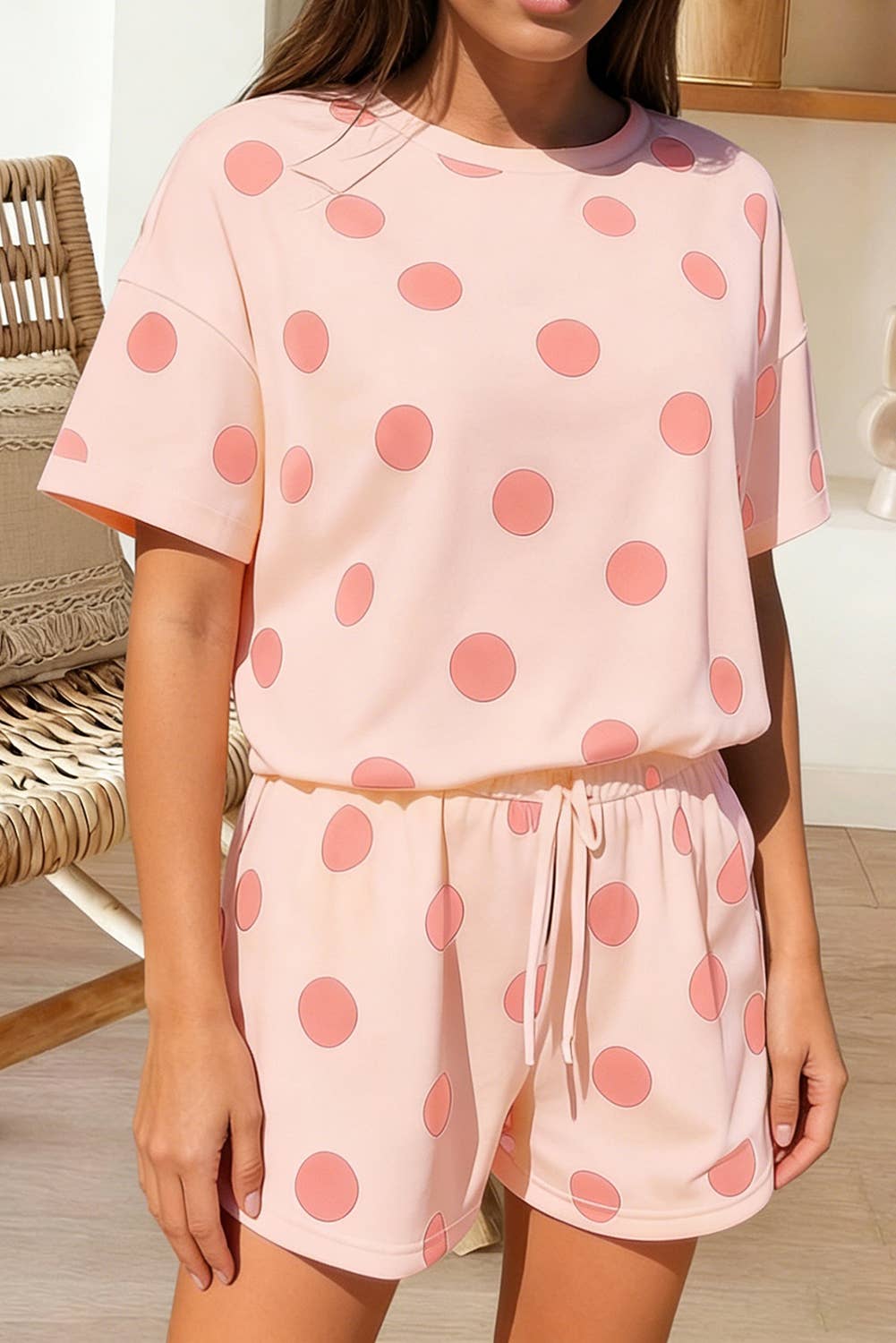 Polka Dot Print Tee and Drawstring Shorts Set