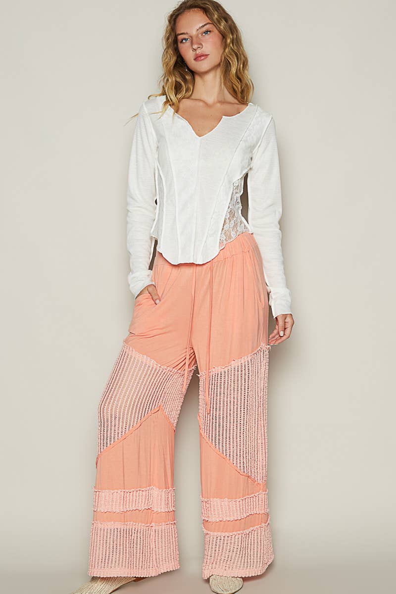 Contrast see through elastic waist knit culottes pants