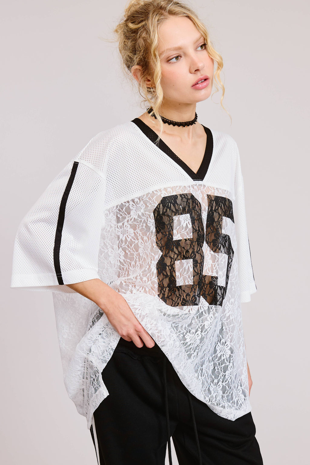 85 Graphic Jersey Top with Lace Contrast