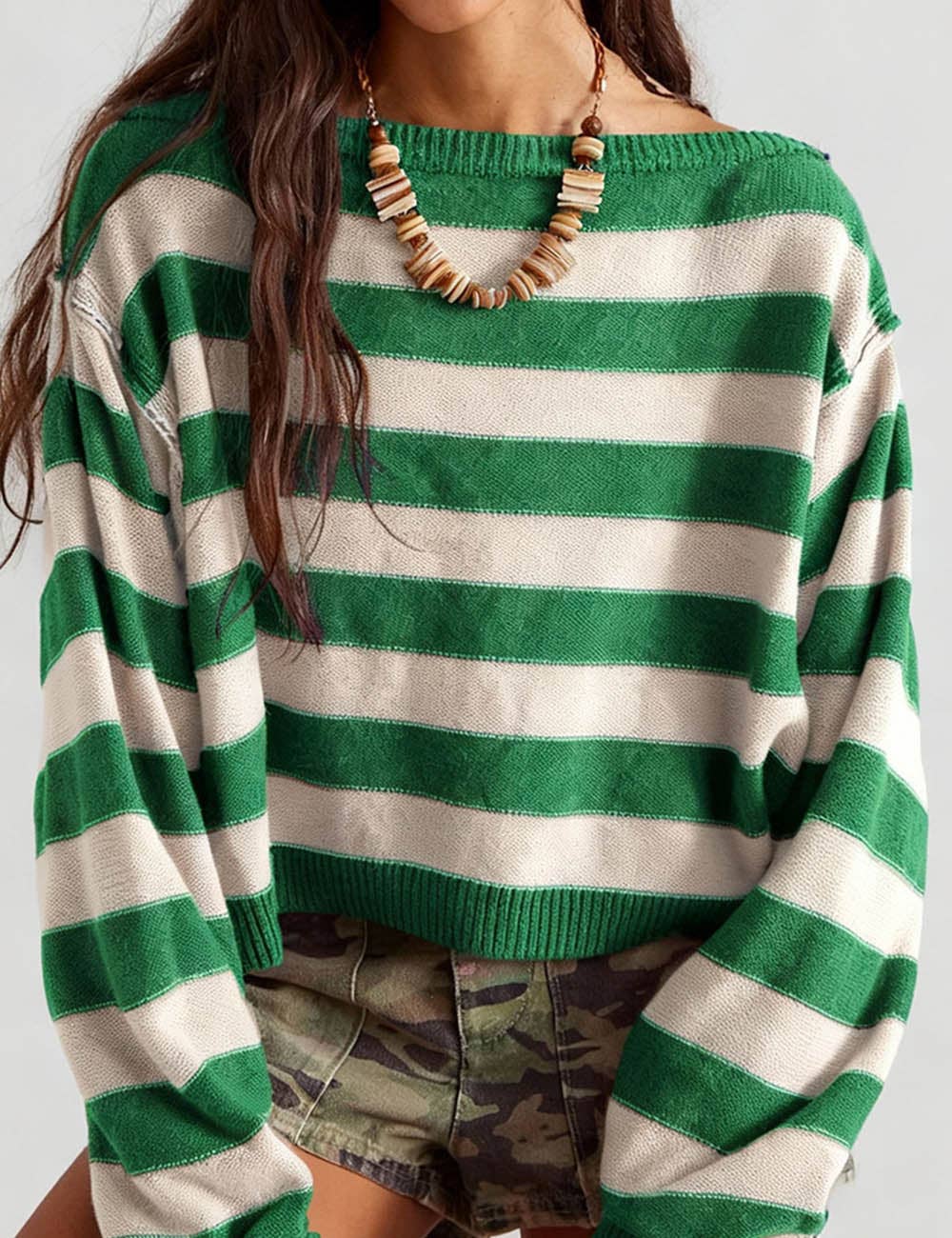 Ladies Striped Knit Round Neck Long Sleeves Knit Sweater