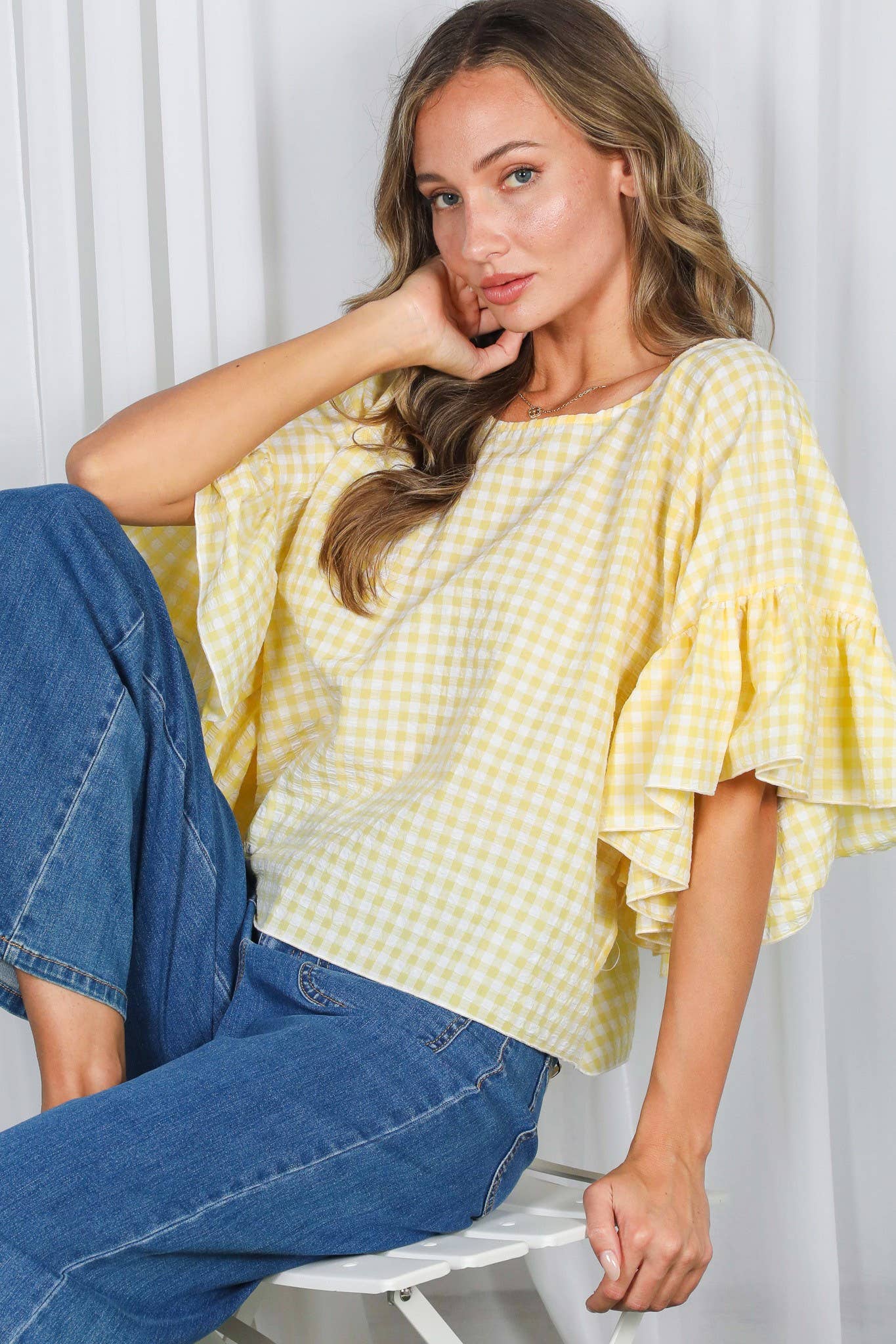 Wild Ruffle Embellished Sleeve Flowy Gingham Top