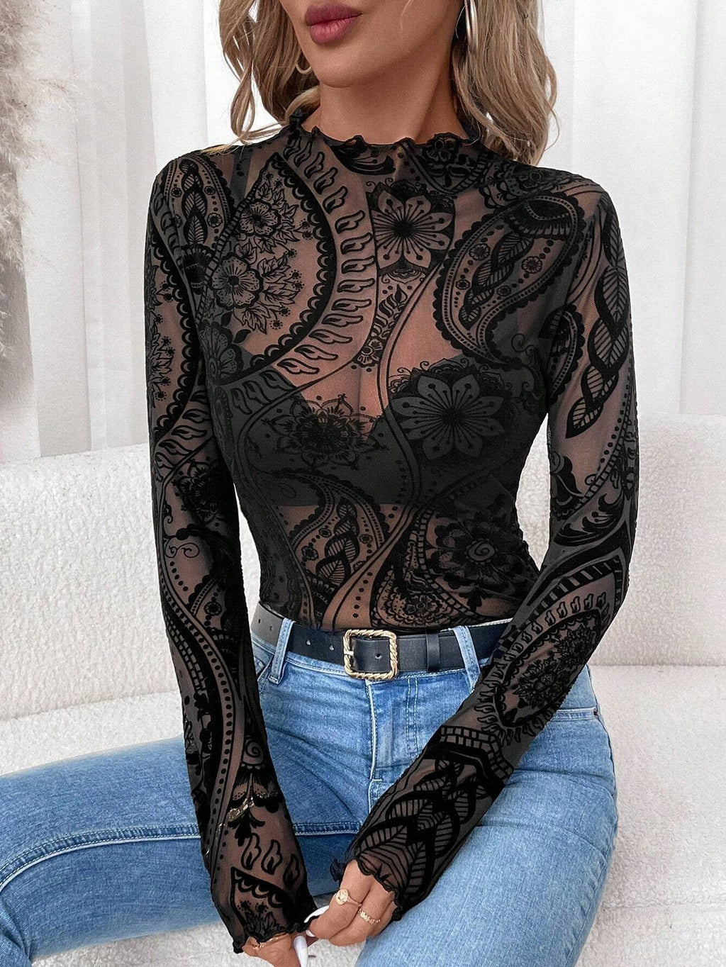 Paisley Velvet Print Mesh Top