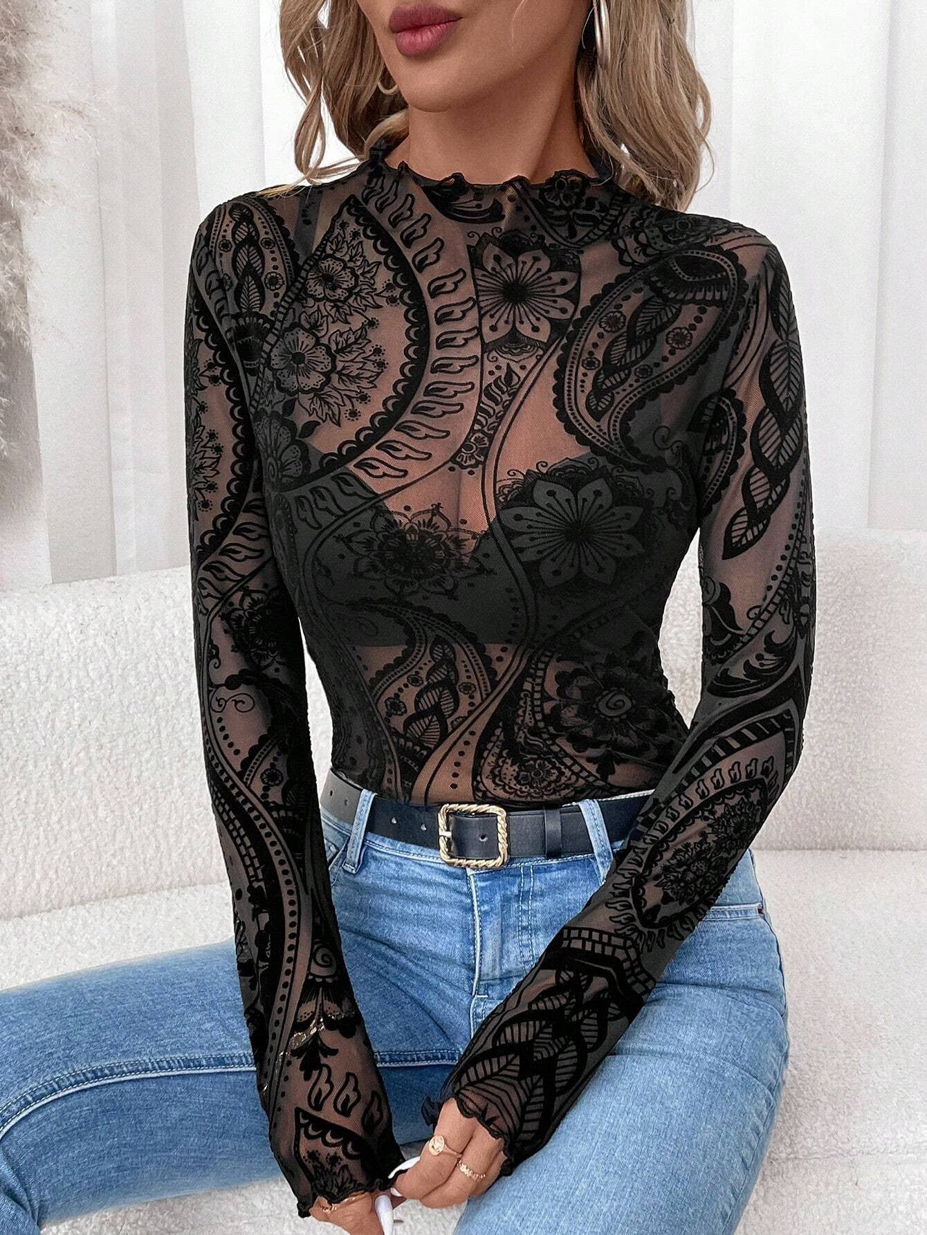 Paisley Velvet Print Mesh Top