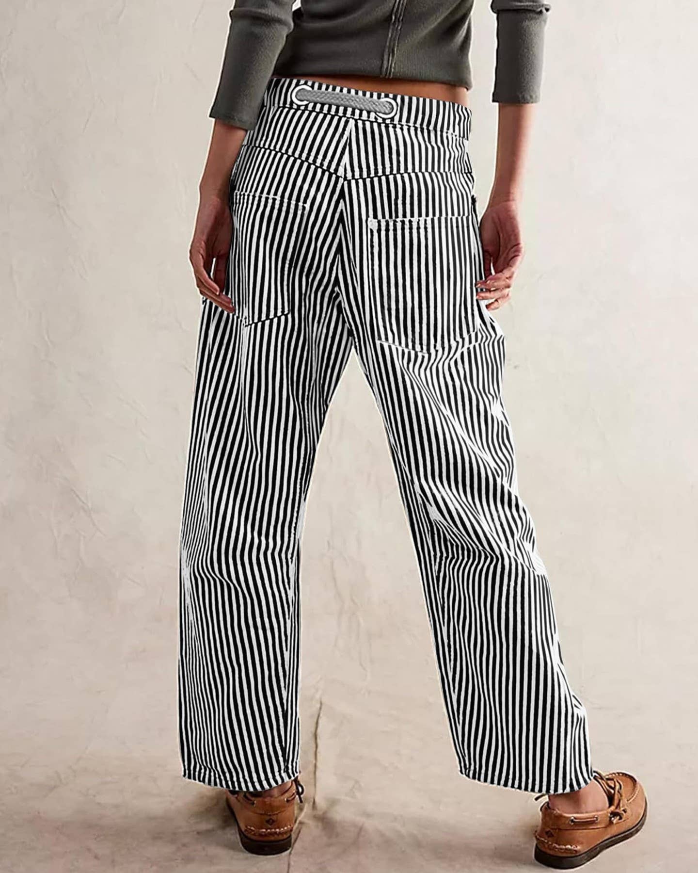 Casual Striped Drawstring Wide-Leg Pants