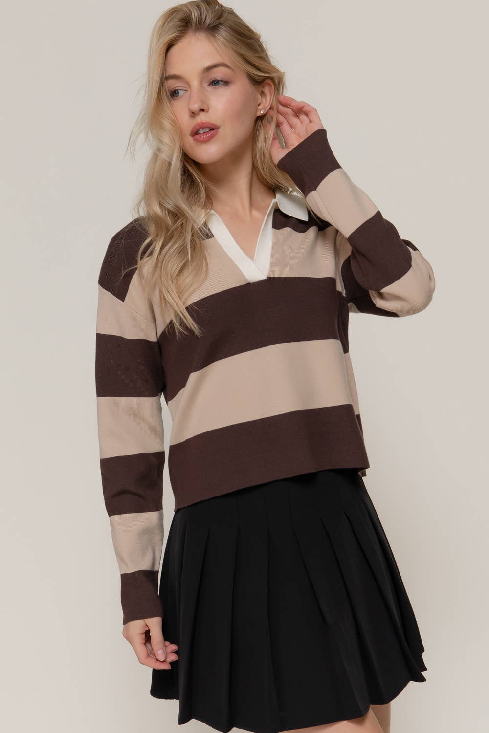 Long Sleeve Rugby Stripe Polo Swaeter