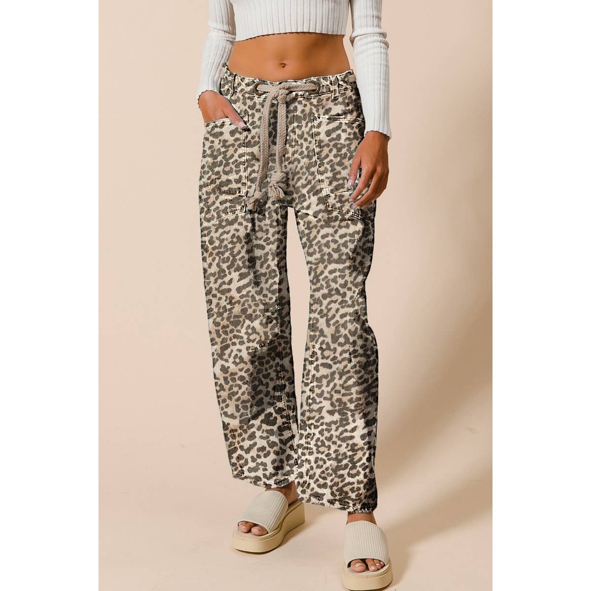 BRAIDED WAIST BELT PATCH LEOPARD PRINT PANTS
