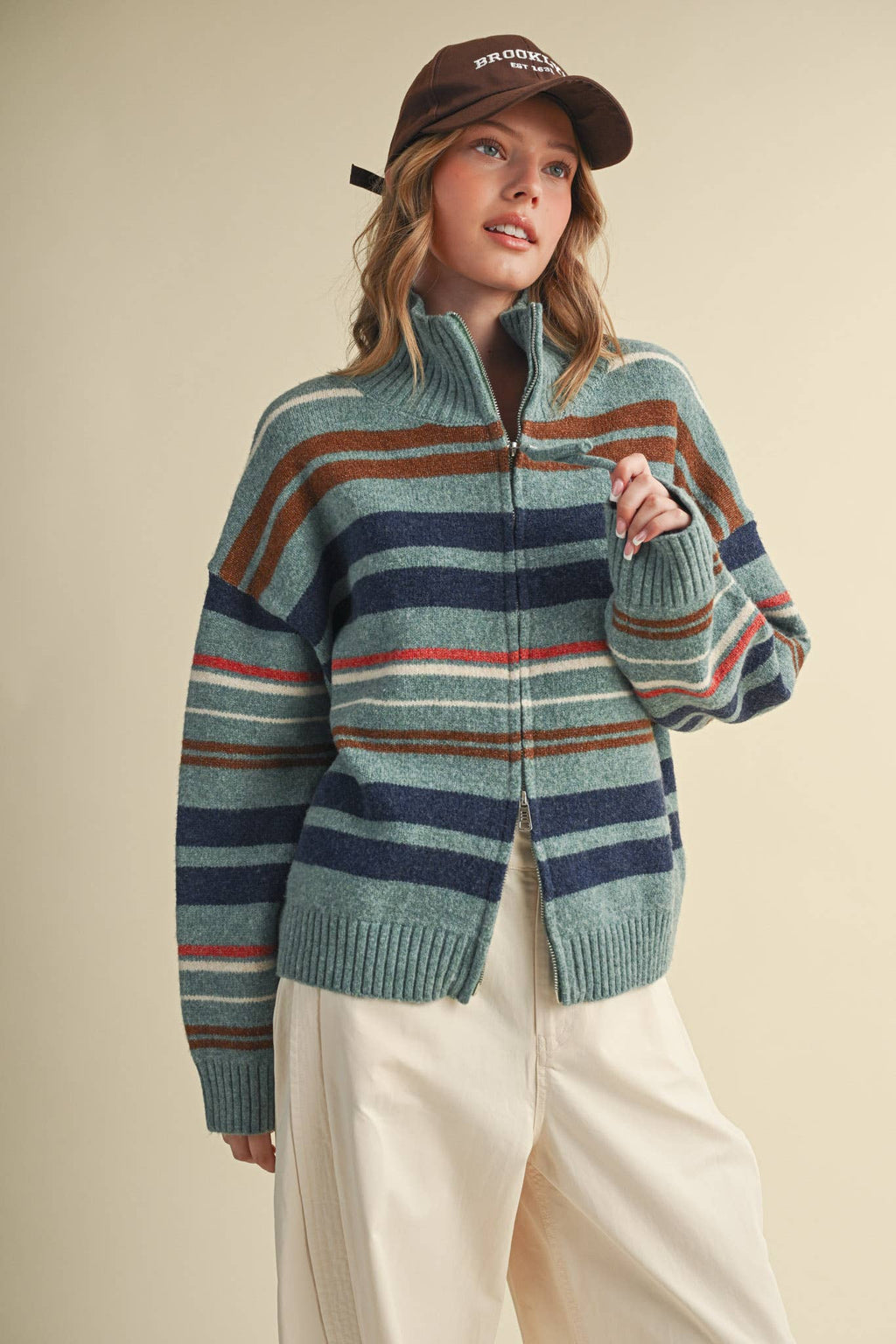 STRIPED MOCK NECK ZIP UP CARDIGAN