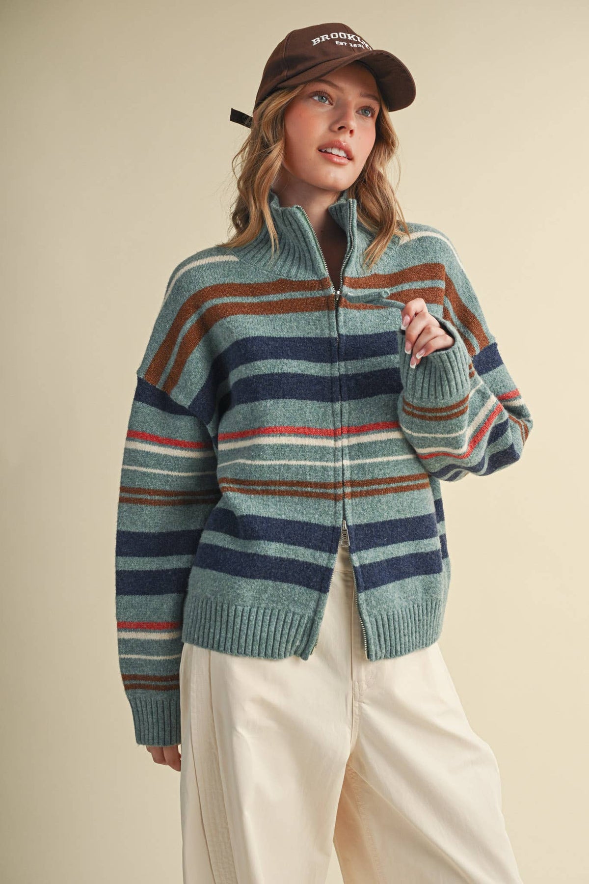 STRIPED MOCK NECK ZIP UP CARDIGAN