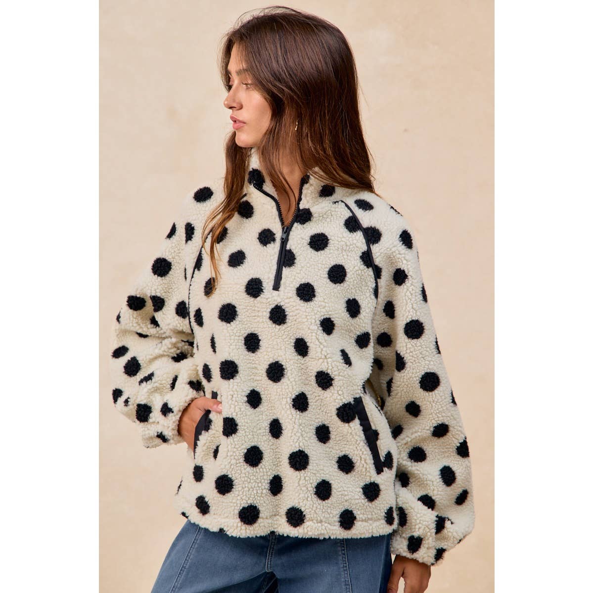 POLKA DOT SHERPA HALF ZIP UP TOP WITH SIDE POCKET