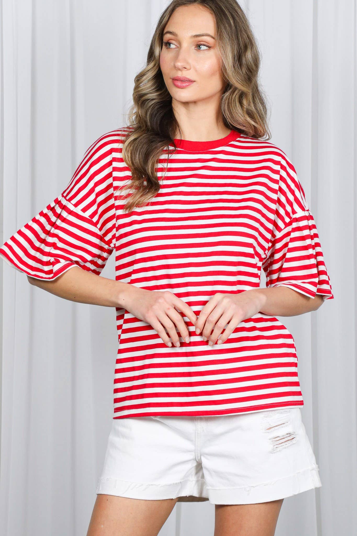 Pleated Flutter Sleeve Crew Neck Striped Knit Top