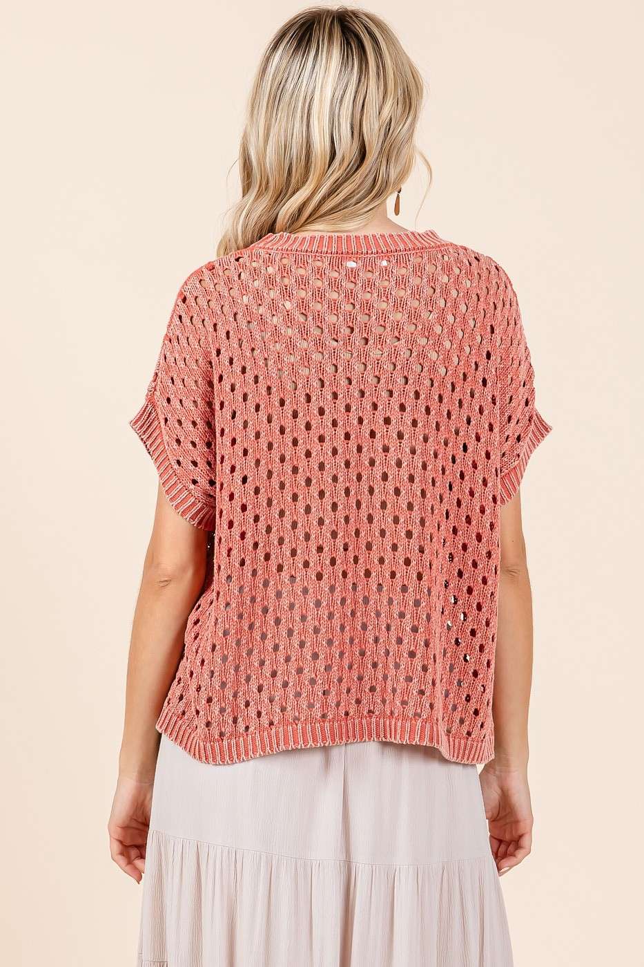 MINERAL WASH OPEN KNIT SHORT SLEEVE SWEATER TOP