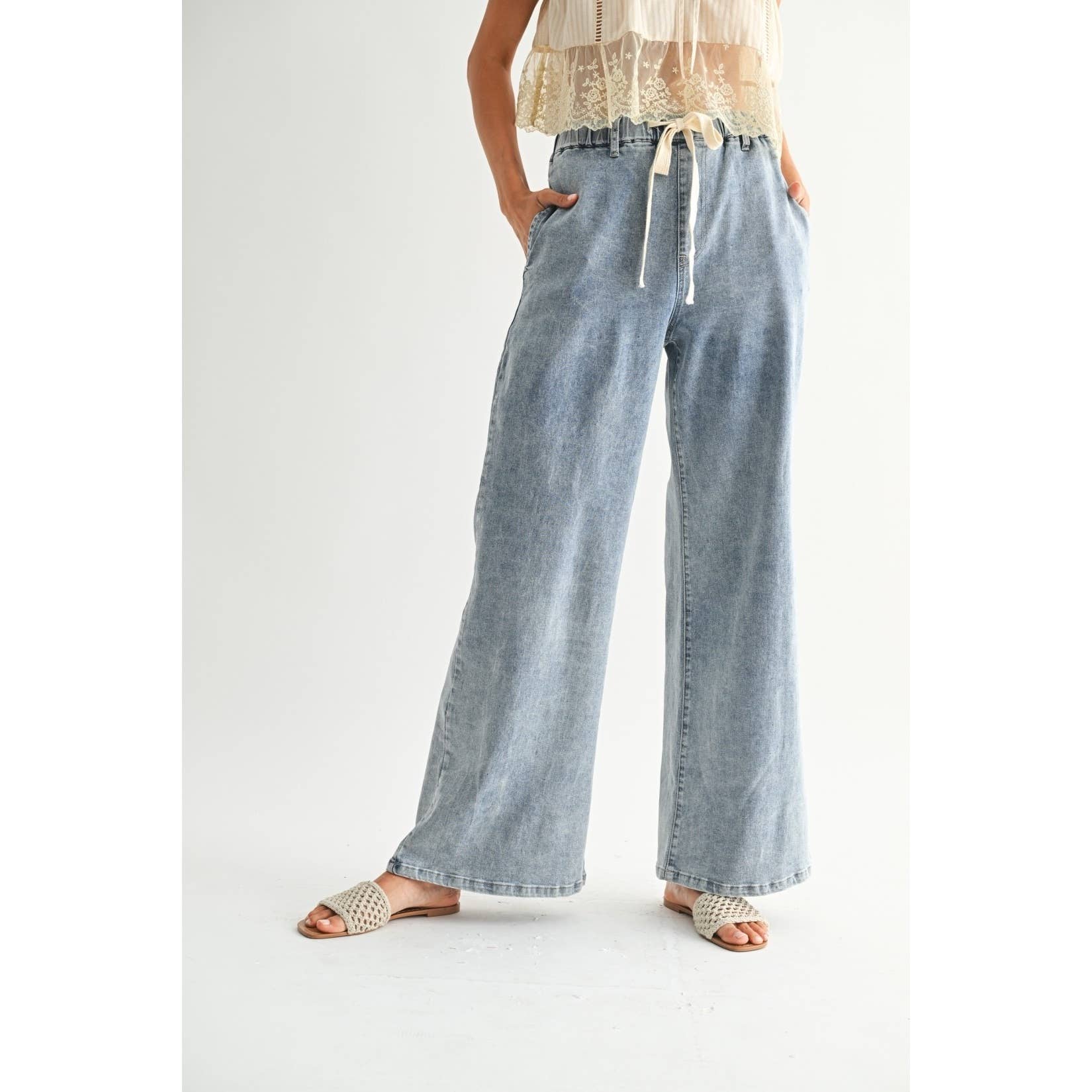 Wide-leg Denim Trousers With Twill Tape Drawstring