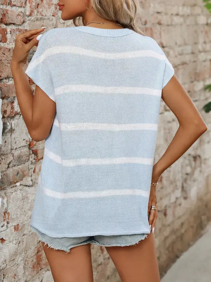 Ladies Round Neck Thick Knit Casual Striped Sweater
