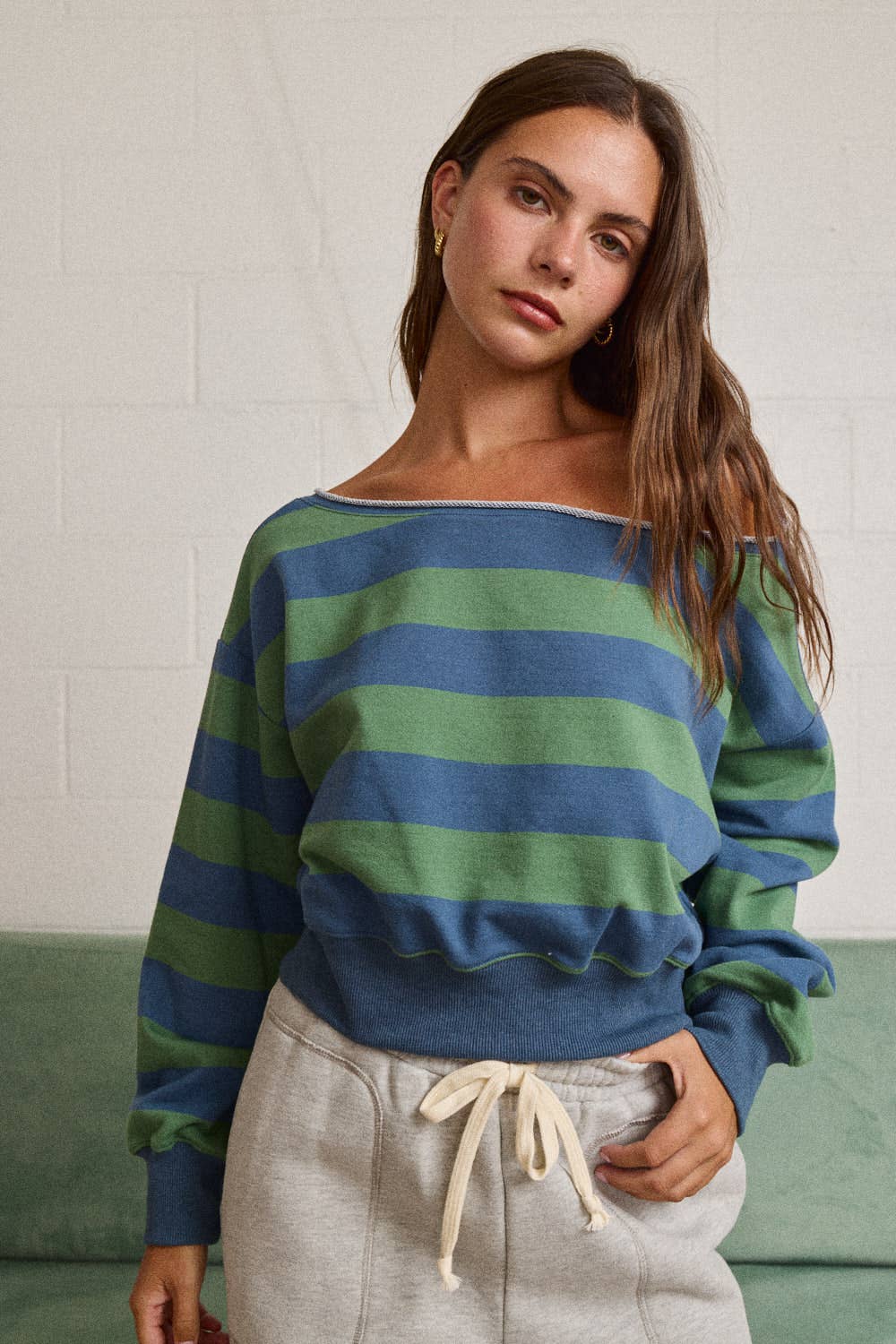 Off-shoulder Rugby Stripe Cropped Sweatshirt
