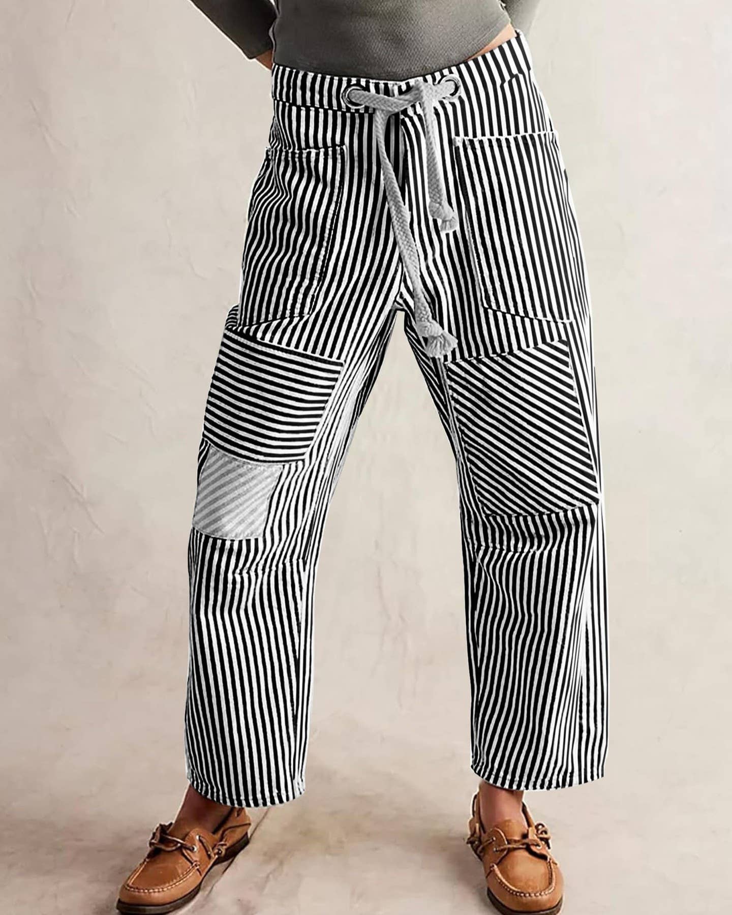 Casual Striped Drawstring Wide-Leg Pants