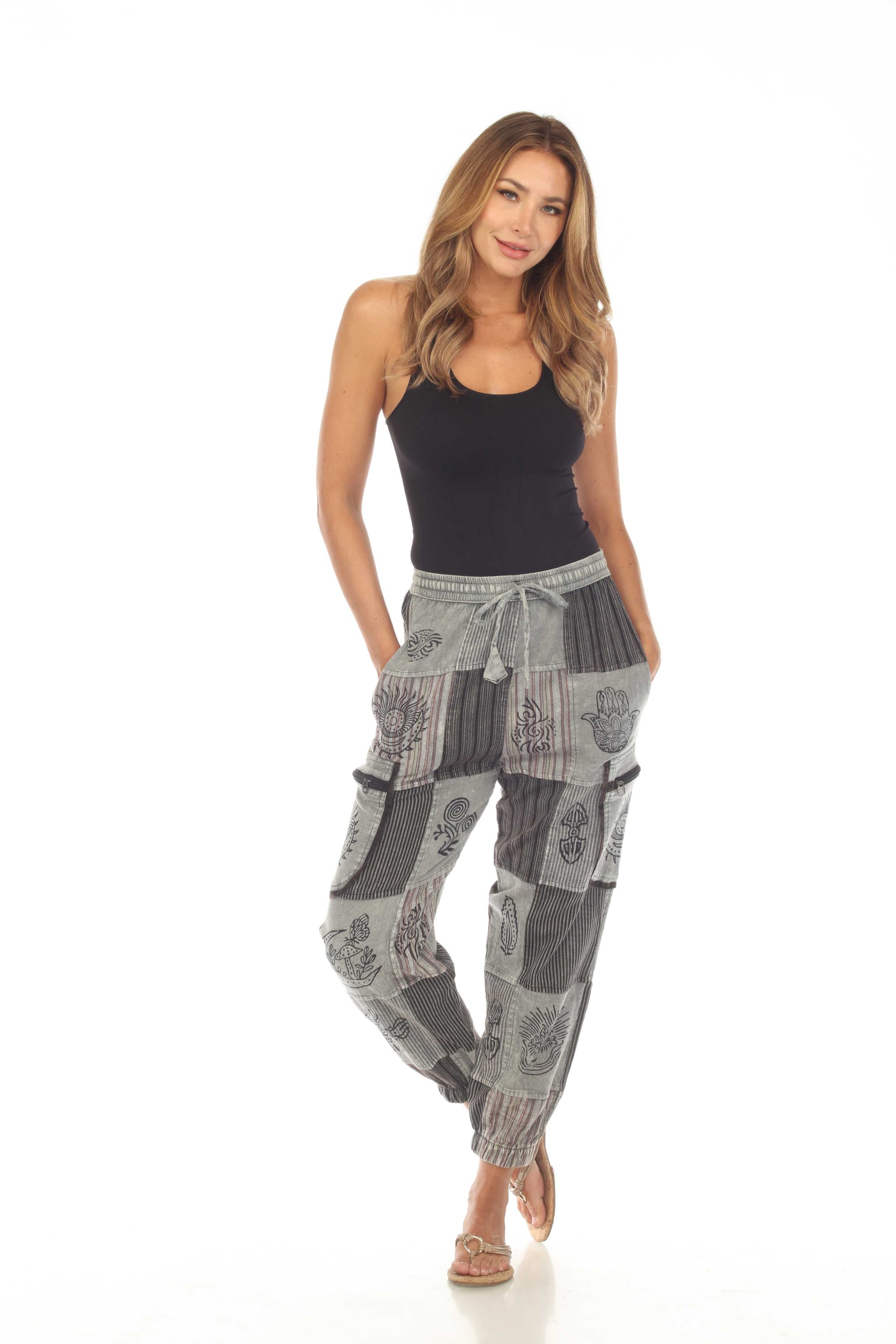 Cotton Zip Pocket Block Print Earth Tone Yoga Pant