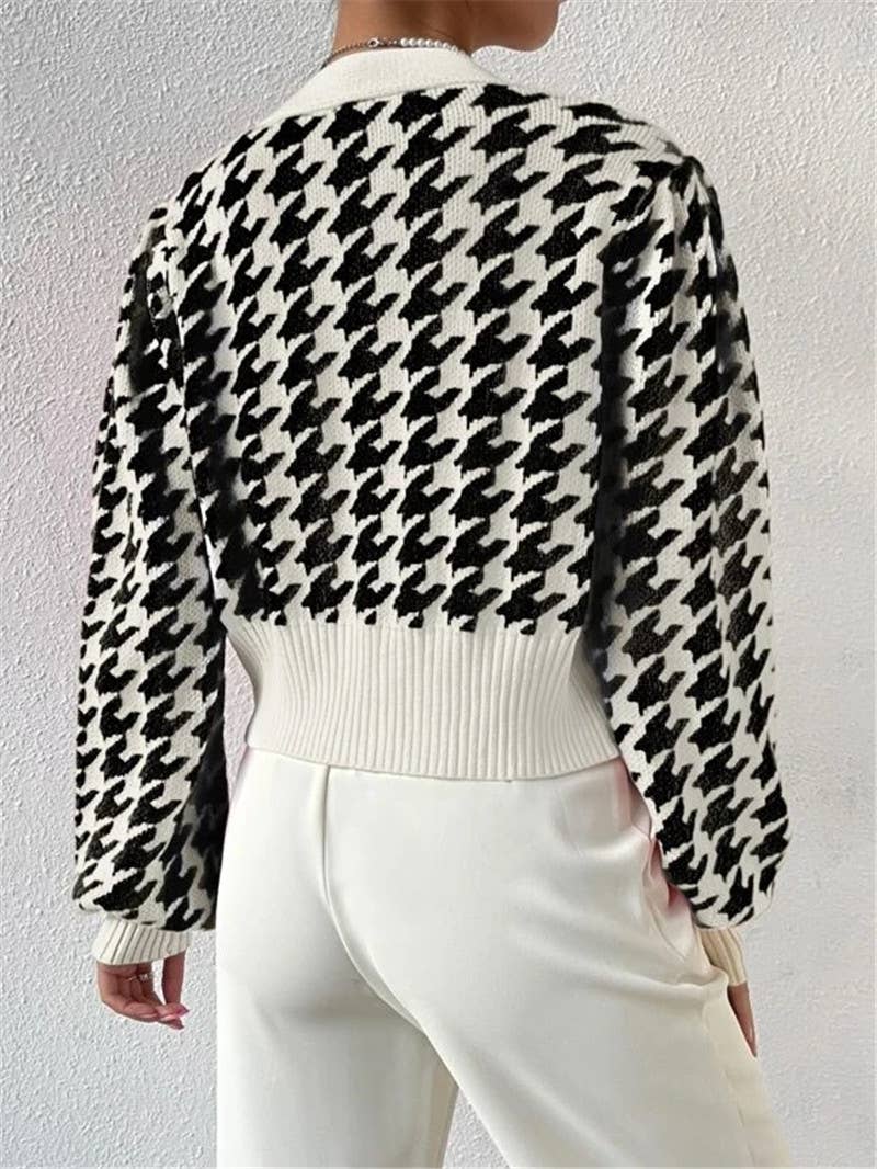 Houndstooth v-neck cropped knit Cardigan