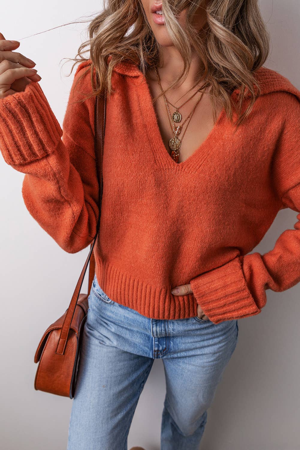 Collared V Neck Ribbed Edge Sweater