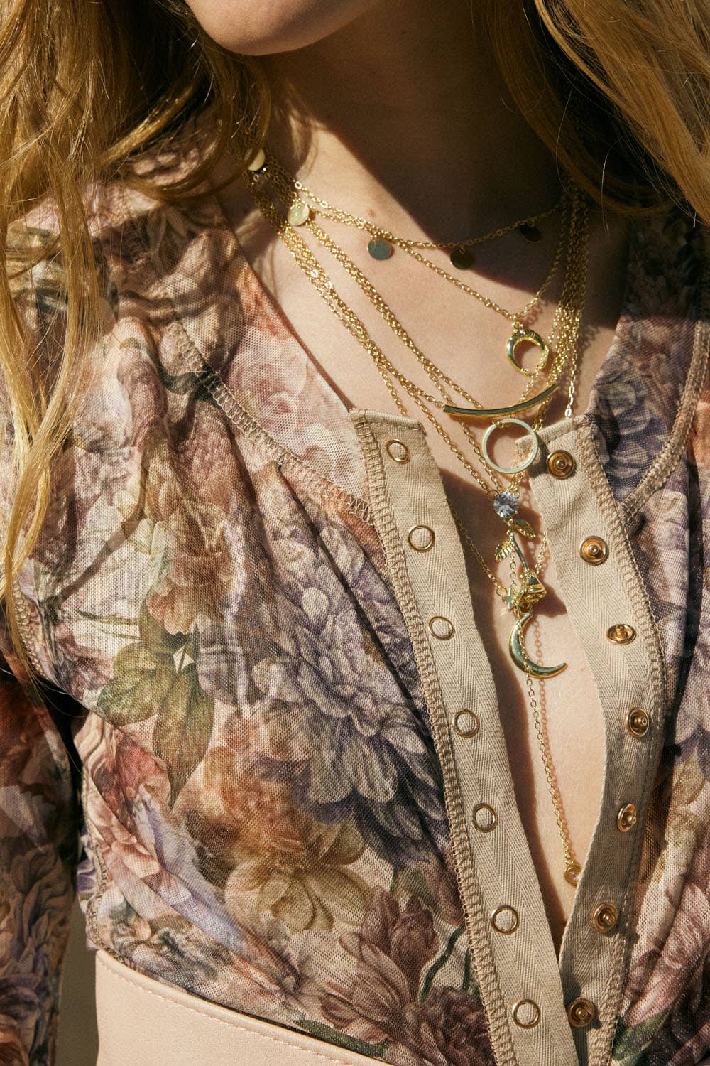 Floral-Print Mesh Snap-Front Long-Sleeve Top