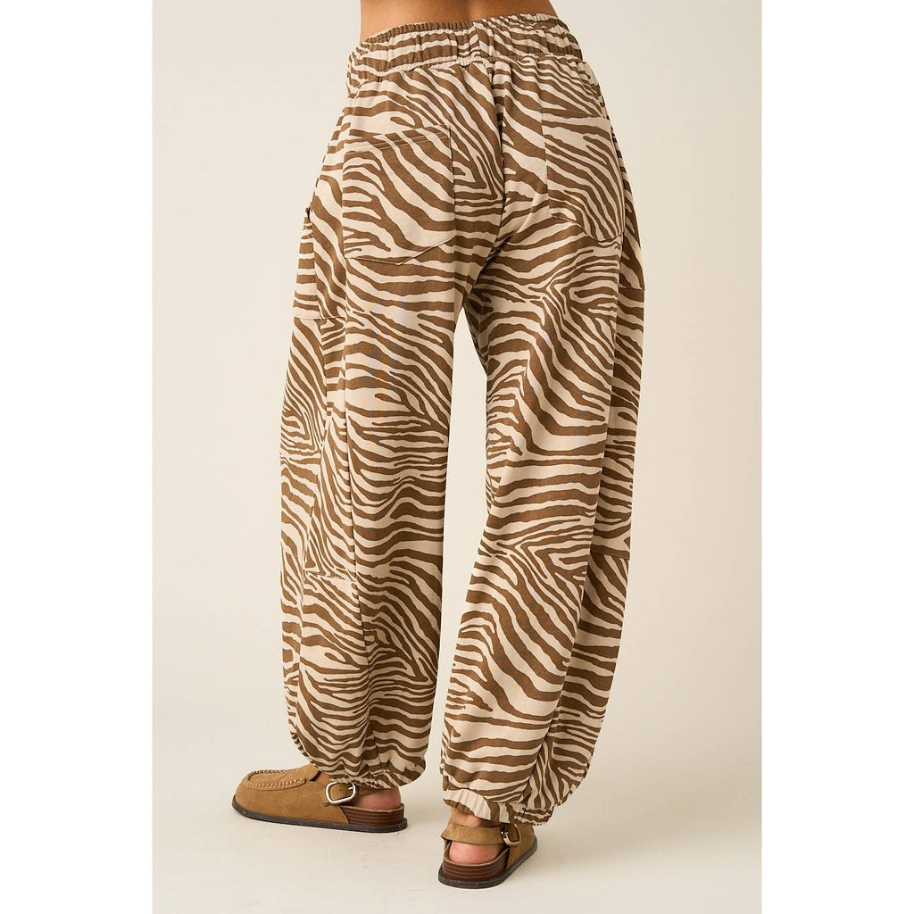 ZEBRA PRINT RELAXED FIT BARREL LEG PANTS