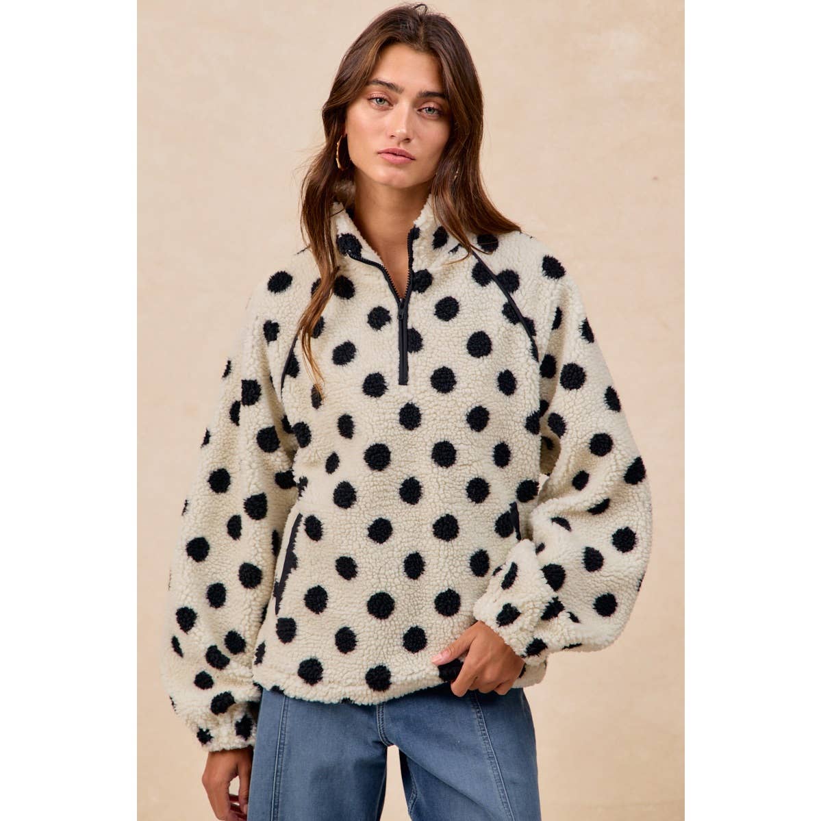 POLKA DOT SHERPA HALF ZIP UP TOP WITH SIDE POCKET