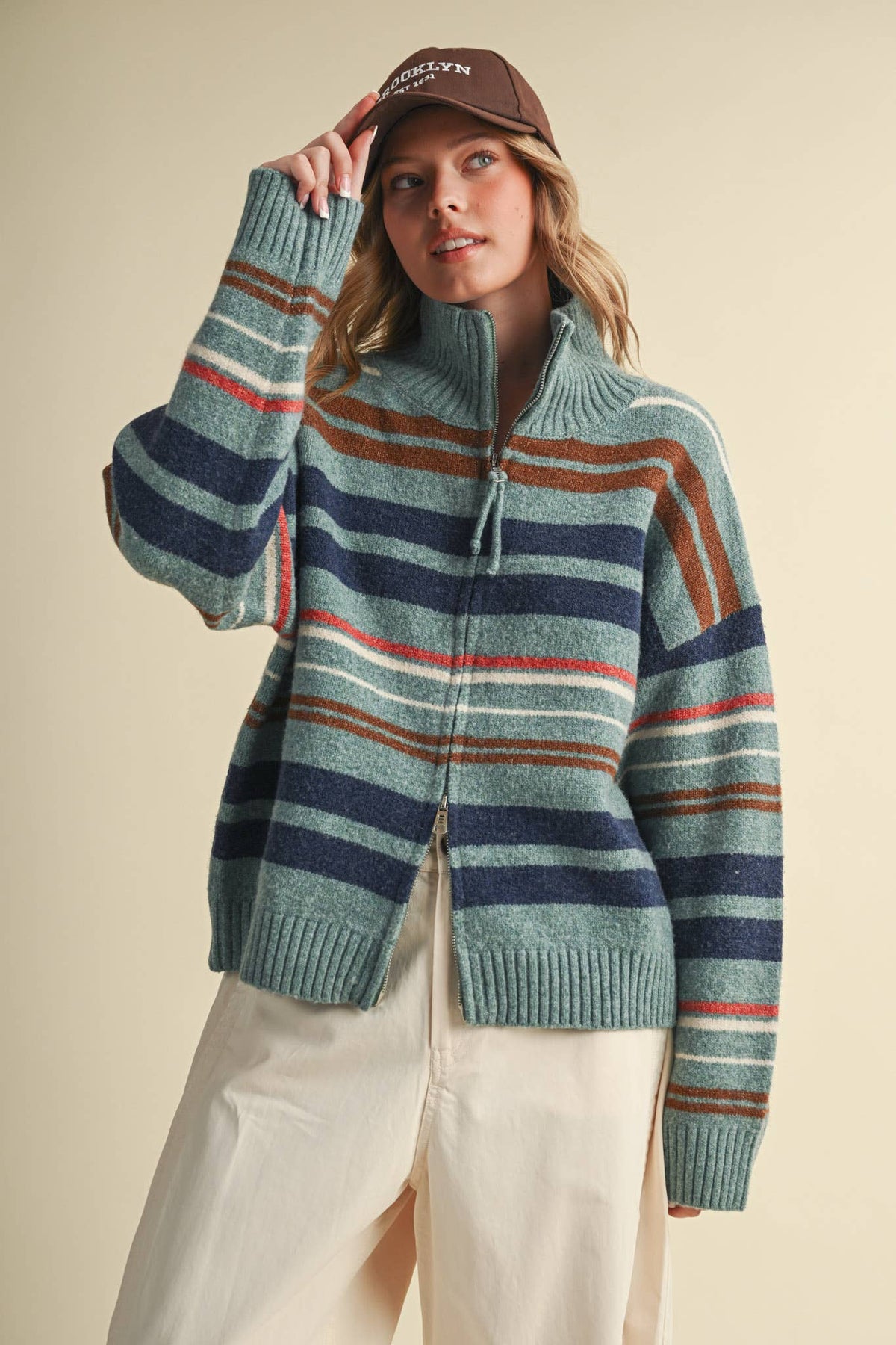 STRIPED MOCK NECK ZIP UP CARDIGAN