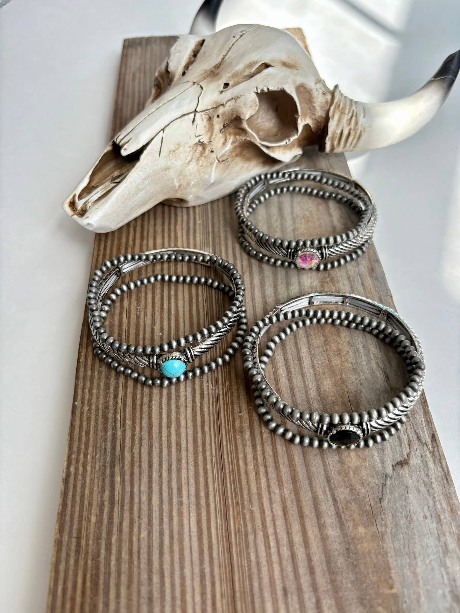 Western Navajo Glass Stone 3 Layer Stretch Bracelet