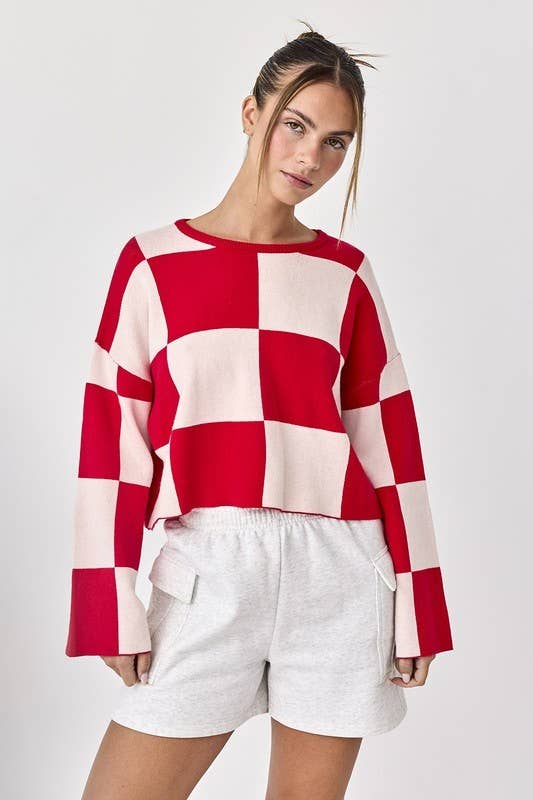 Sarah Round Neck Checkered LS Top