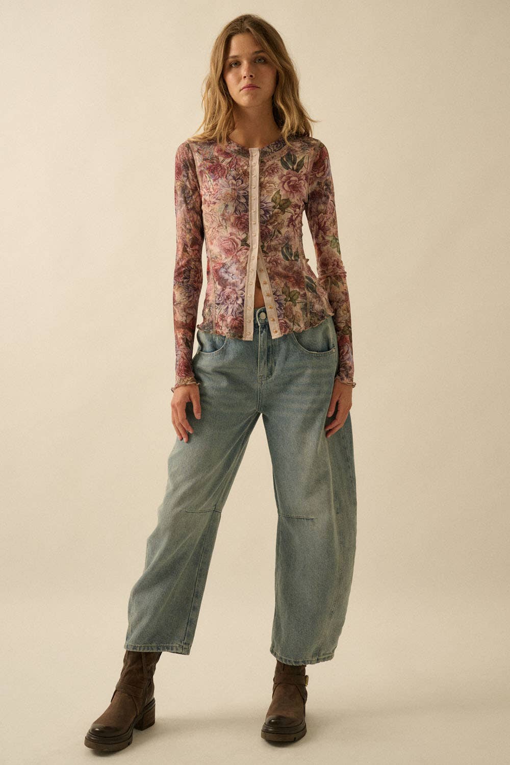 Floral-Print Mesh Snap-Front Long-Sleeve Top