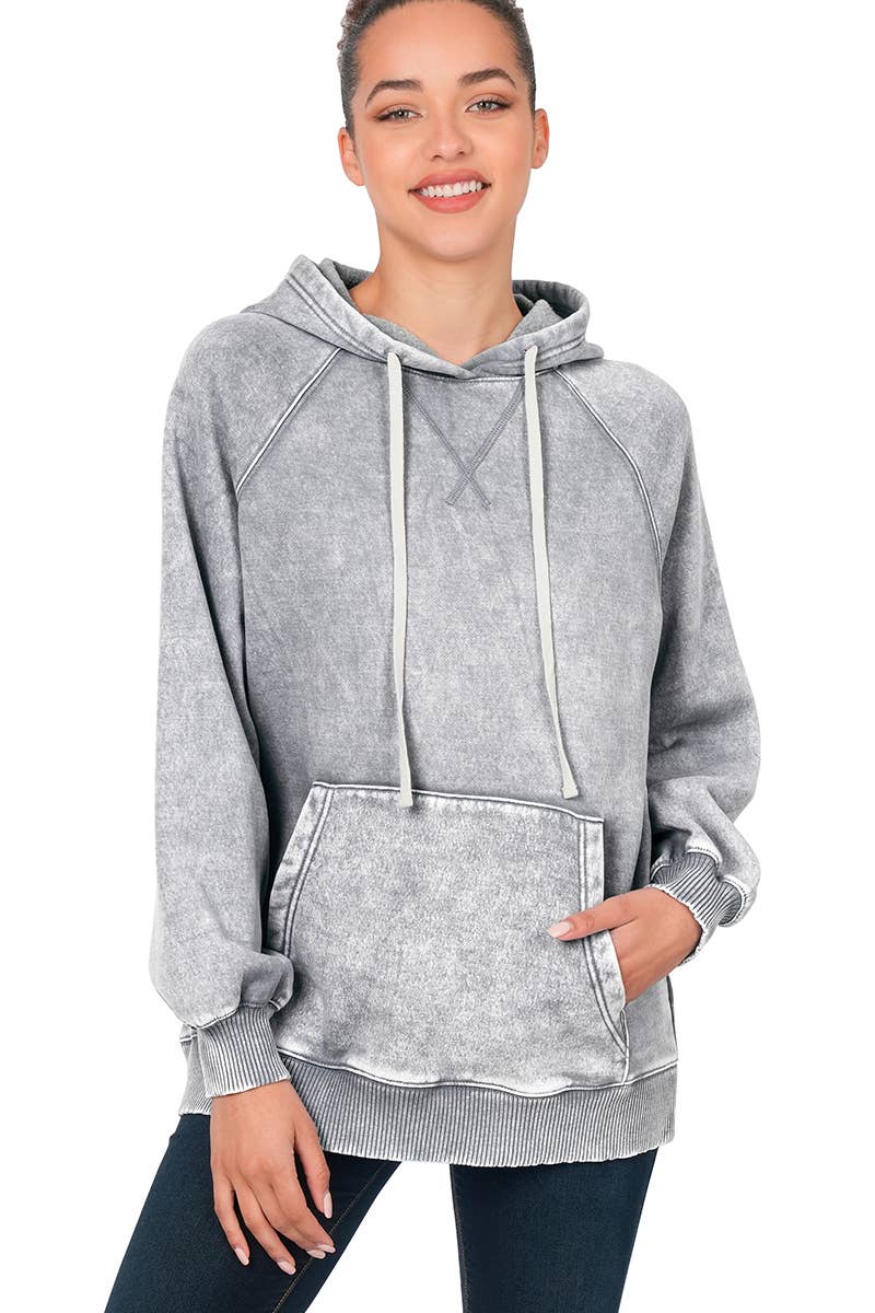 Acid Wash Fleece Hoodie With Pockets