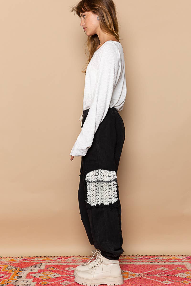 Tie waistband contrast crochet cargo pockets denim joggers