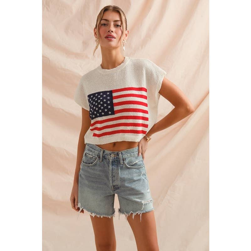FOURTH OF JULY AMERICAN FLAG BOXY FIT SWEATER TOP