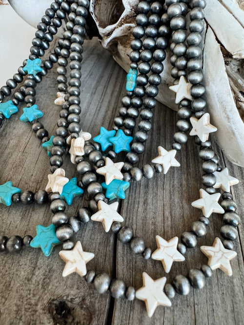 3 Layered Navajo Style Pearl with Star Stone Necklace