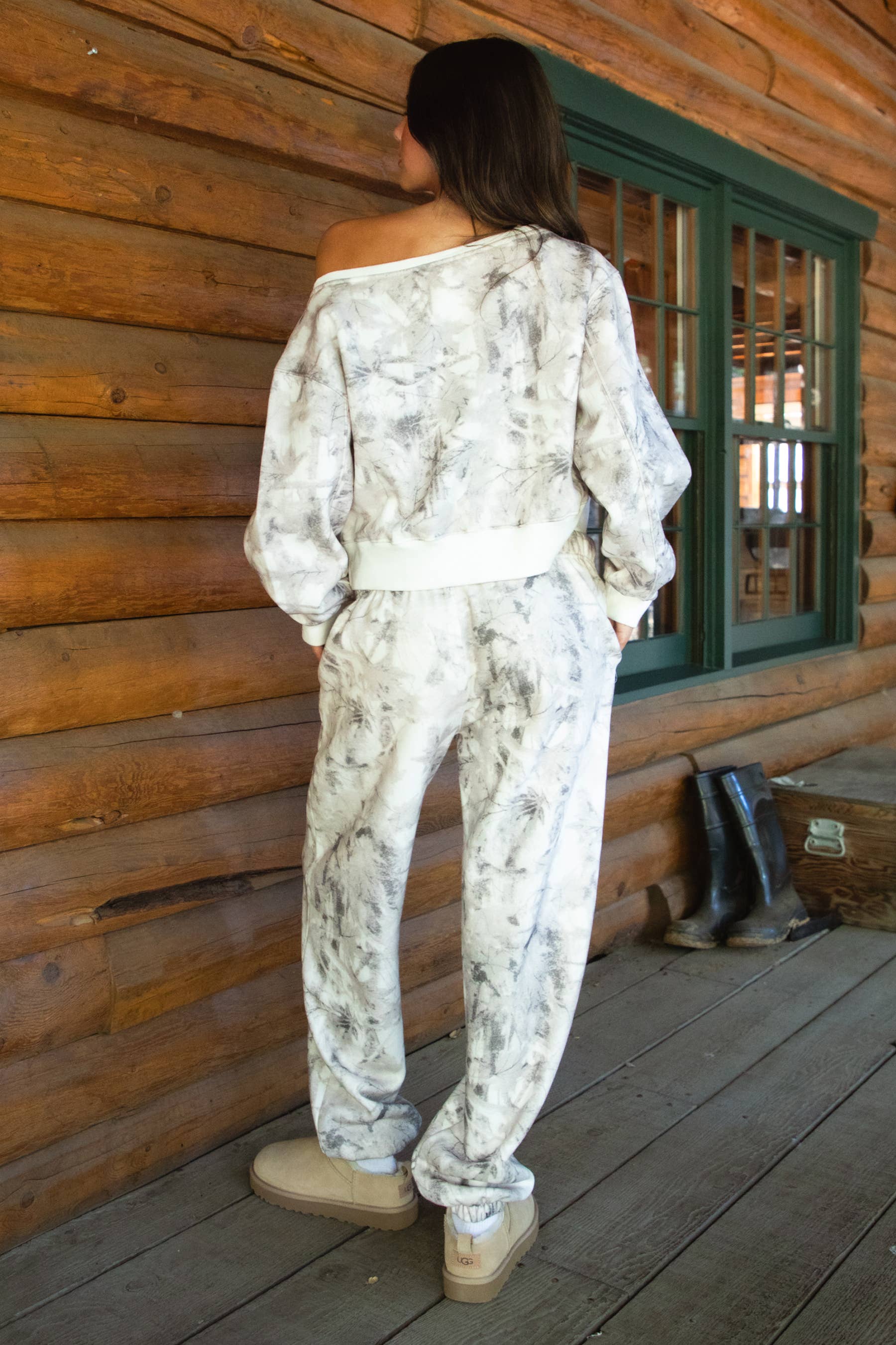 AVERY Light Woodland Camo Off The Shoulder Fleece Sweatshirt