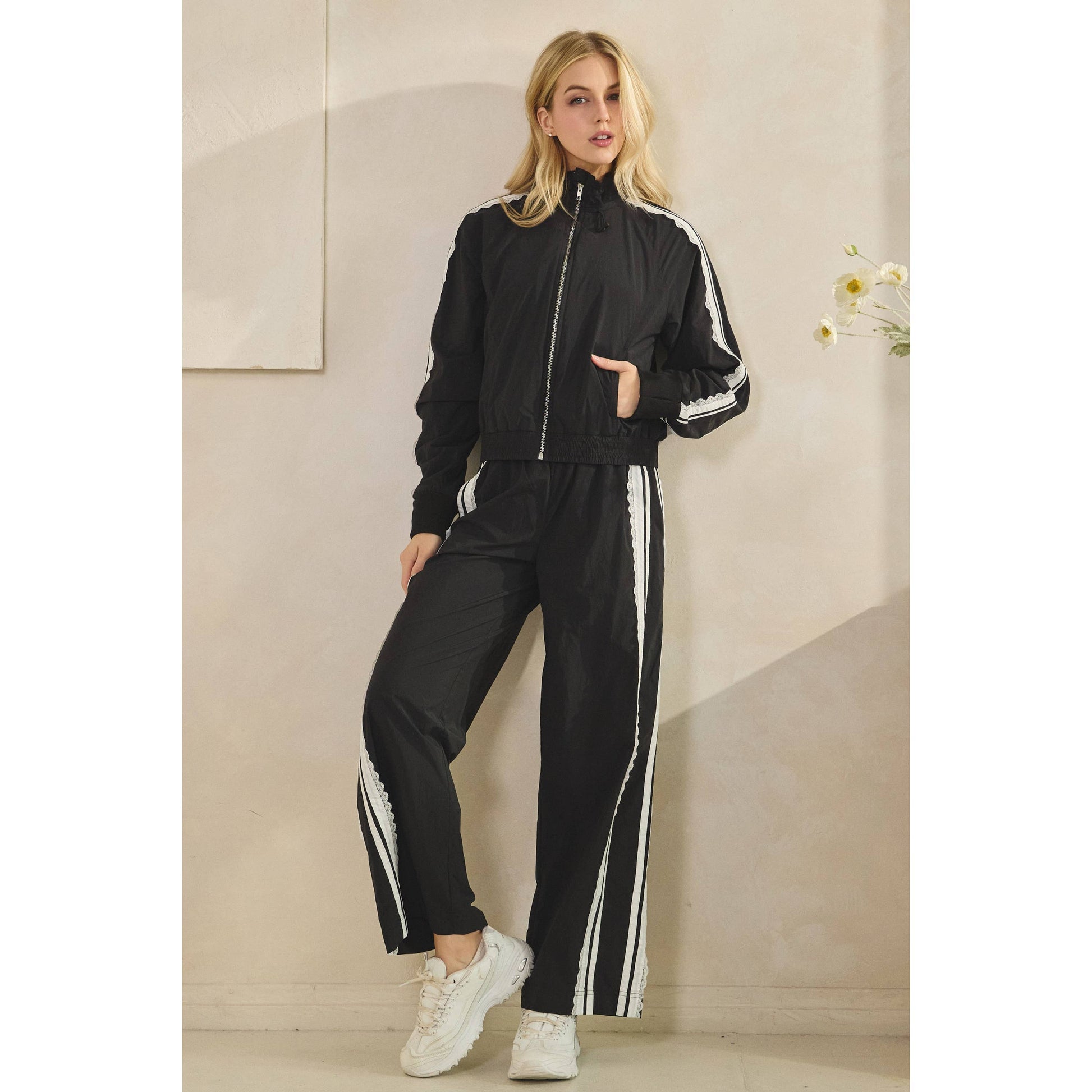 Stripe Nylon Pants with Lace Details