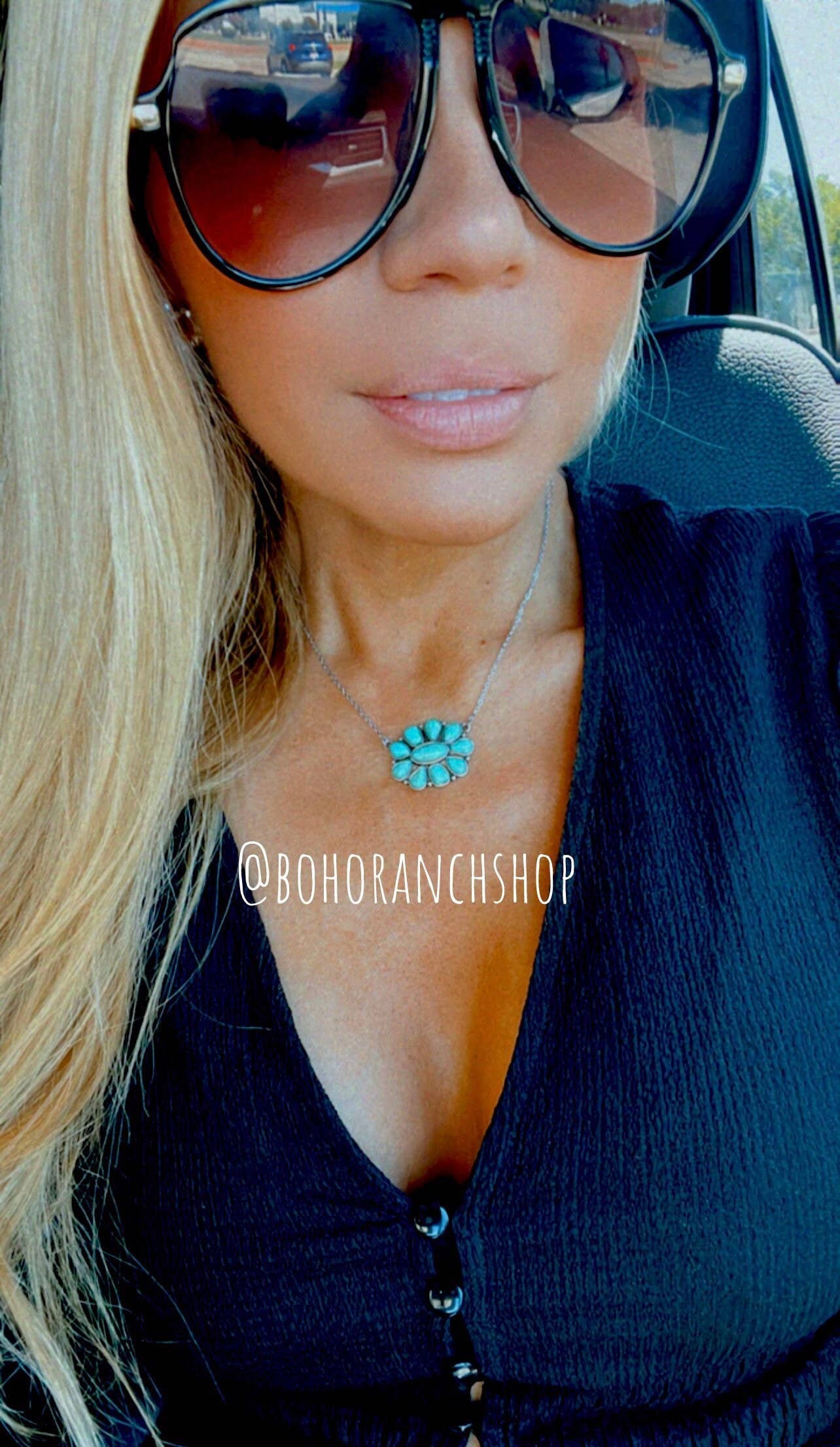 Semi Stone Concho Squash Blossom Pendant Necklace - Small