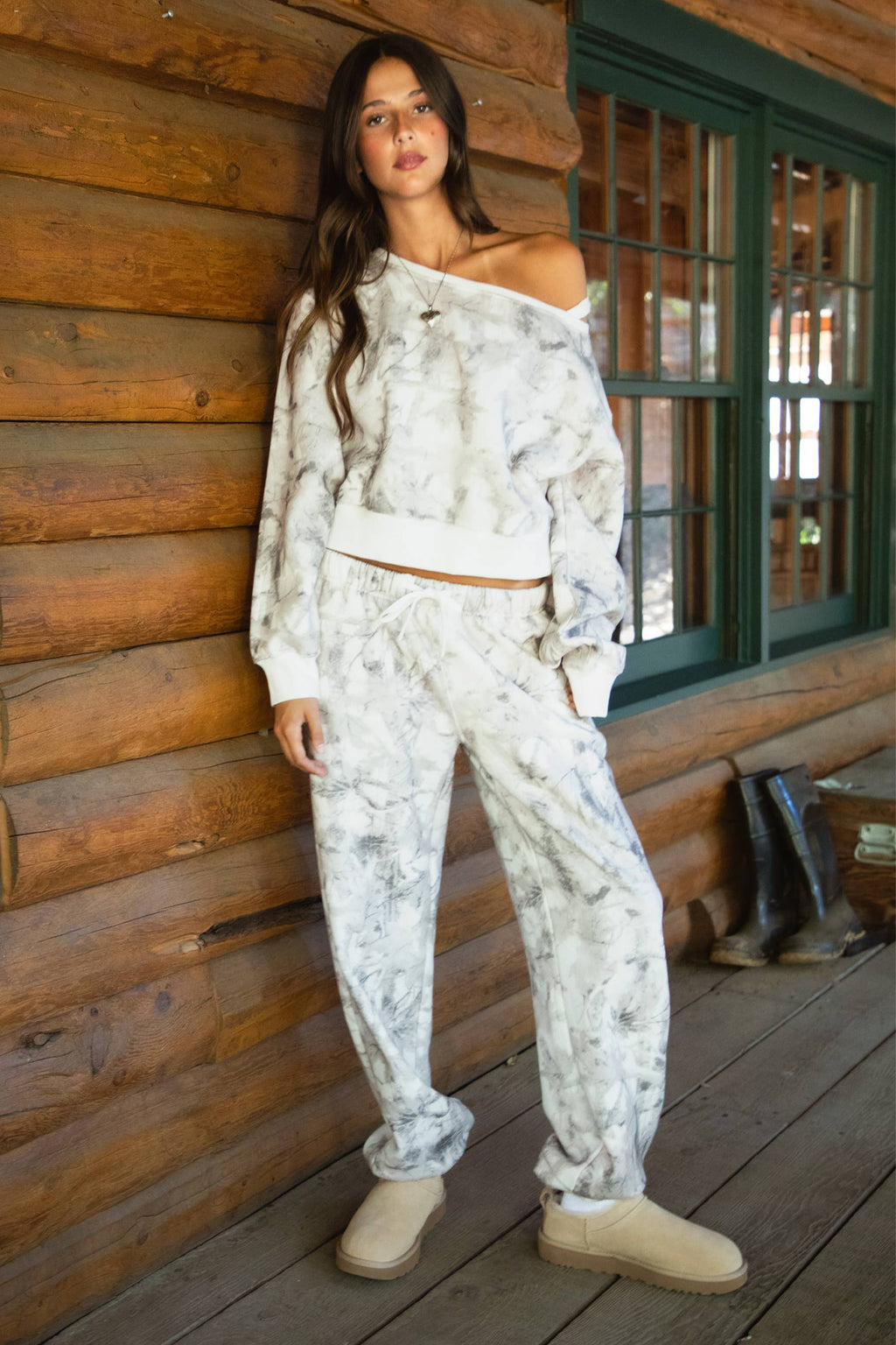 AVERY Light Woodland Camo Off The Shoulder Fleece Sweatshirt