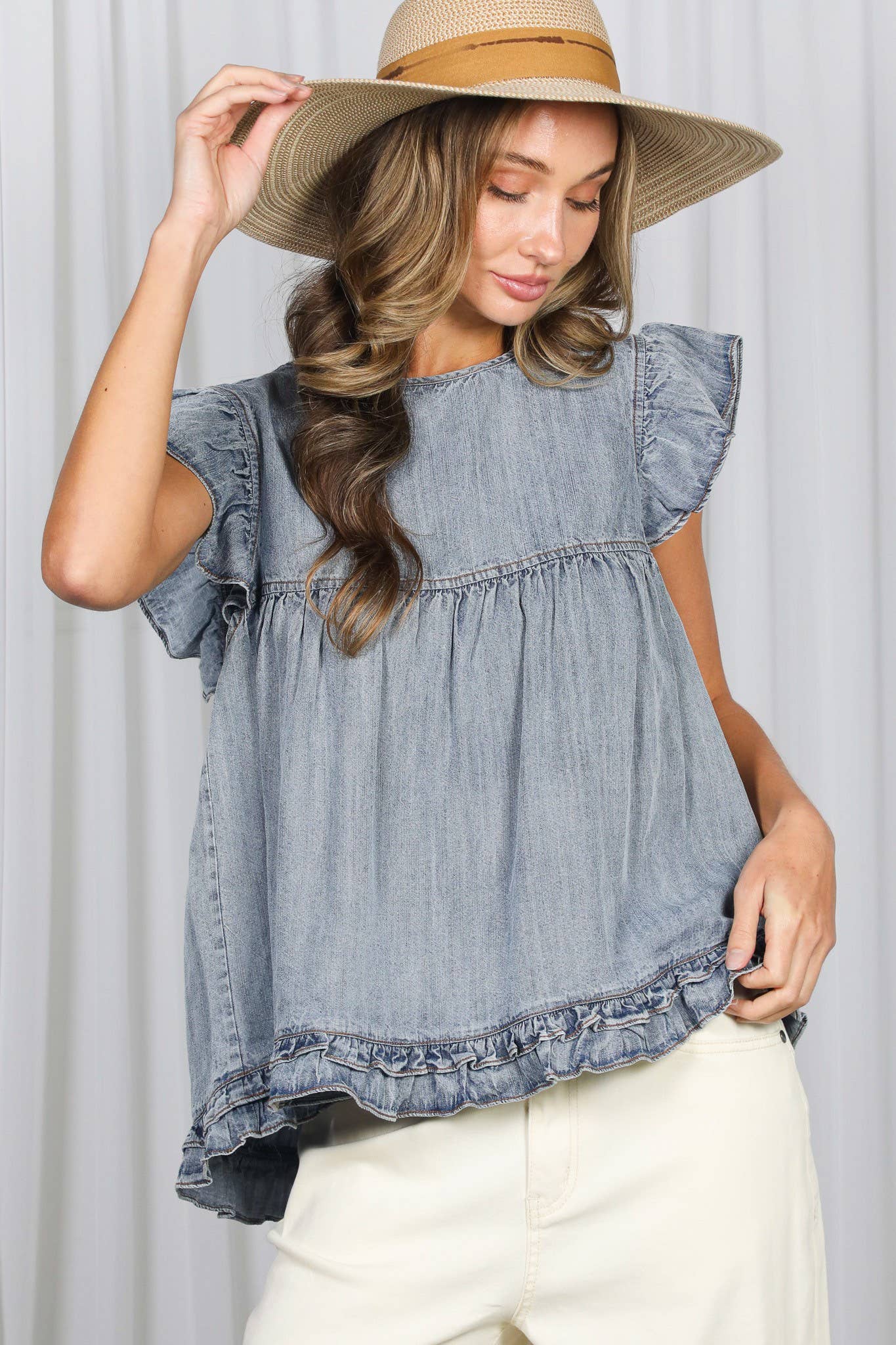 Ruffle Accent Short Sleeve Chambray