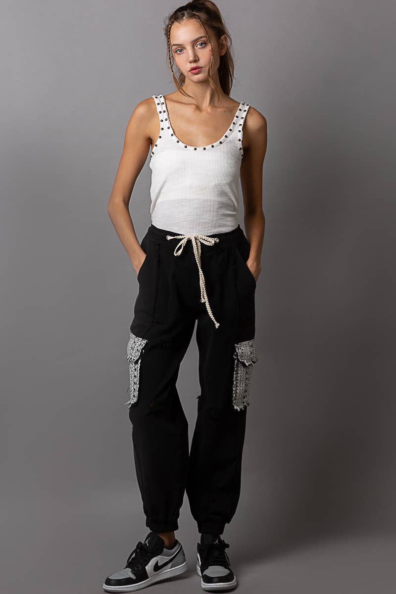 Tie waistband contrast crochet cargo pockets denim joggers