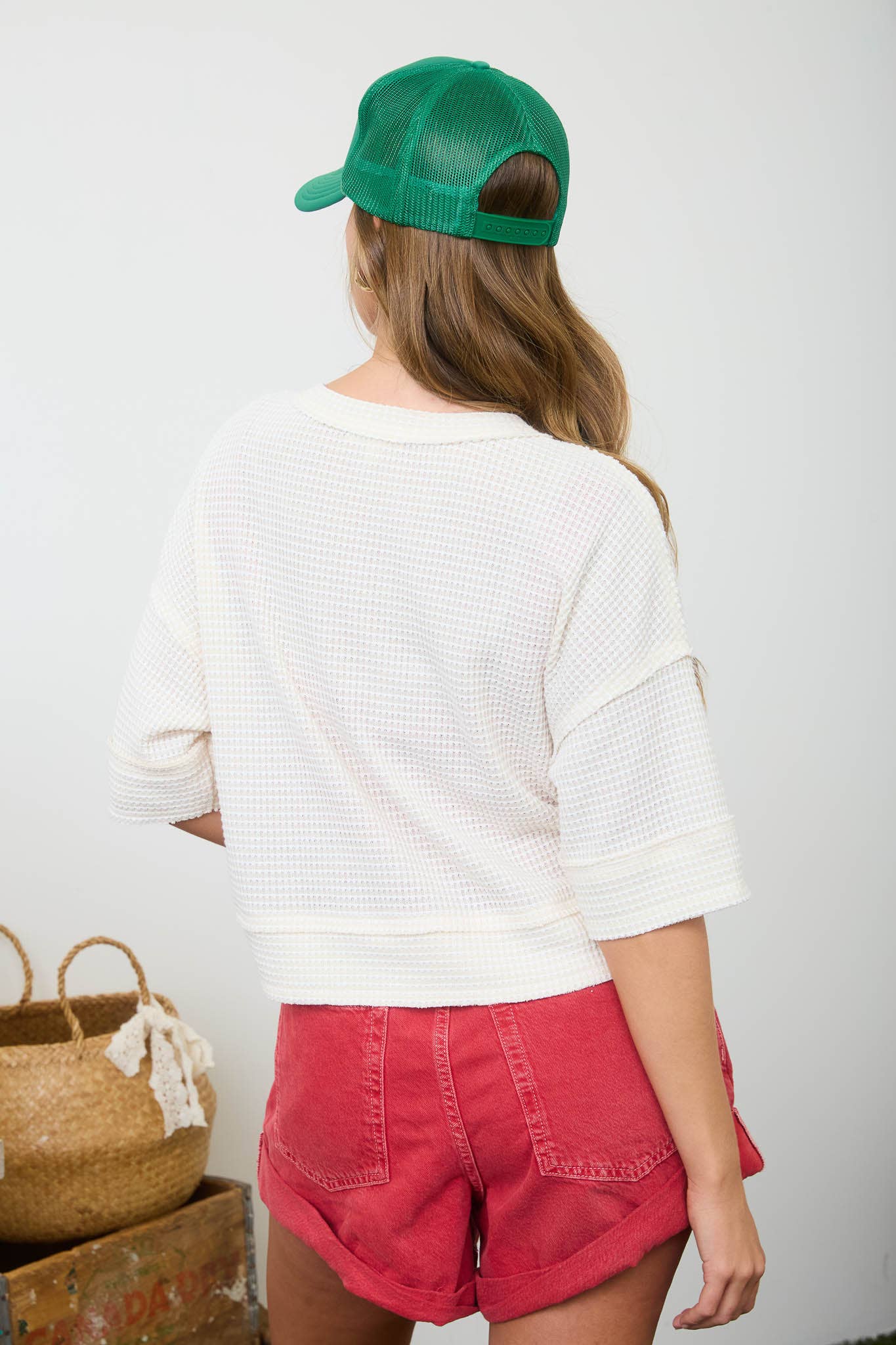 WAFFLE KNIT BUTTON DOWN SHORT SLEEVE CARDIGAN