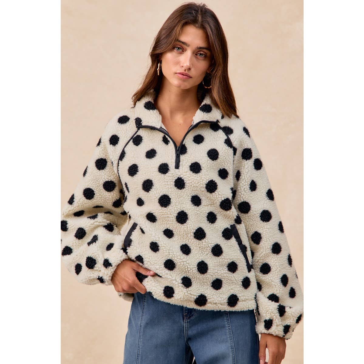 POLKA DOT SHERPA HALF ZIP UP TOP WITH SIDE POCKET
