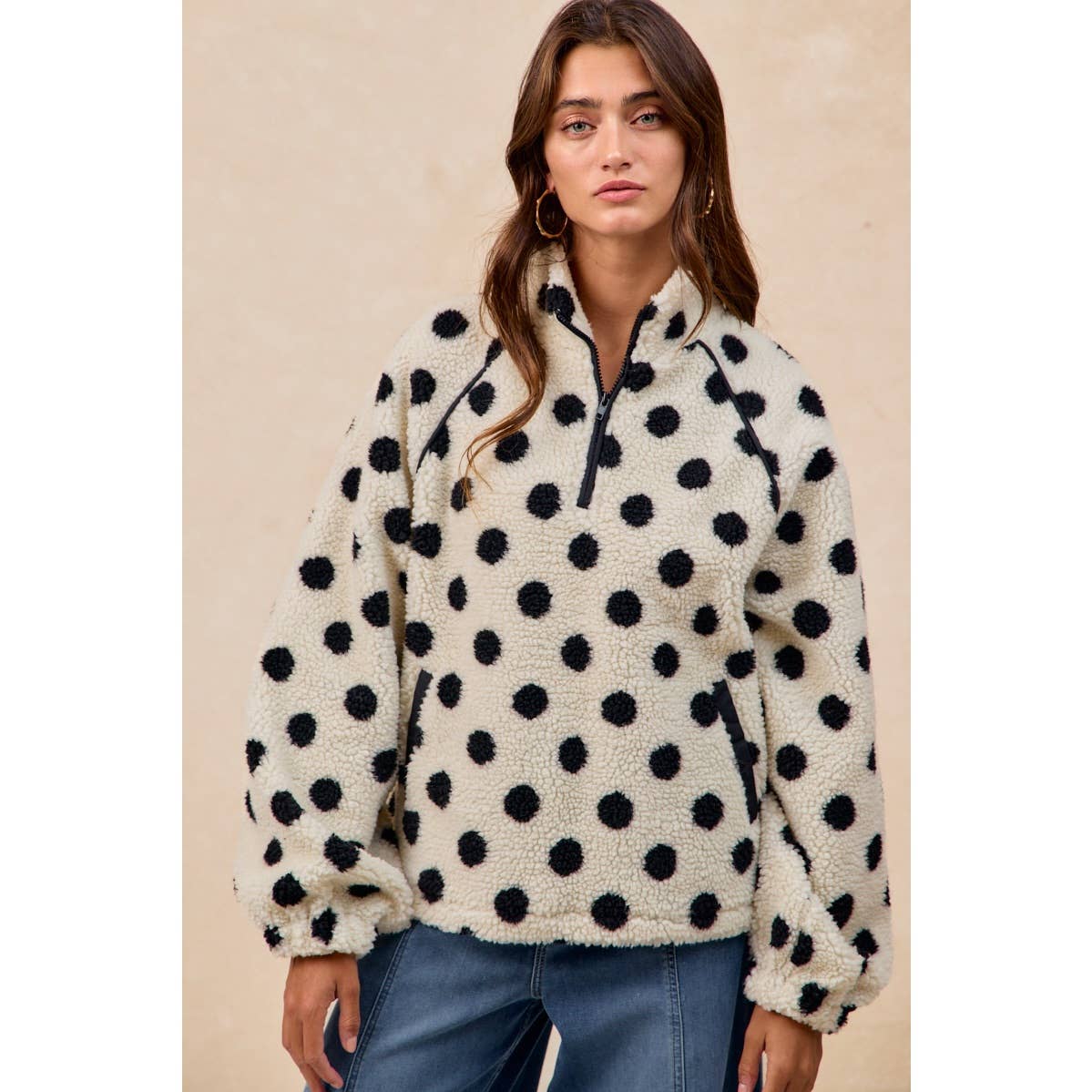 POLKA DOT SHERPA HALF ZIP UP TOP WITH SIDE POCKET