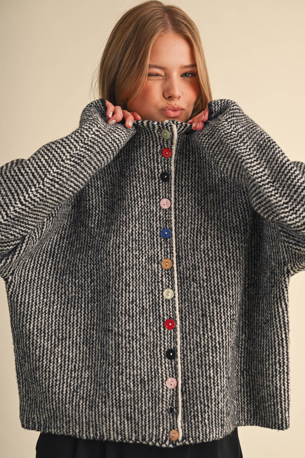 STRIPED SWEATER CARDIGAN WITH COLORFUL BUTTONS