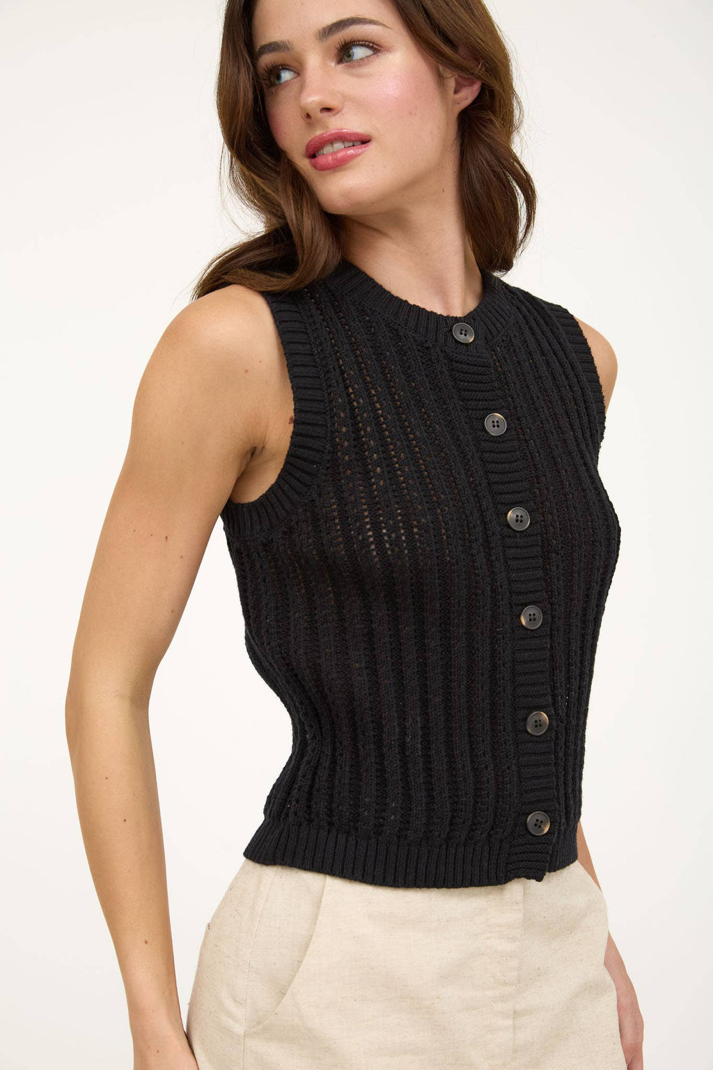 CREW NECK BUTTON DOWN SLEEVELESS KNIT CARDIGAN
