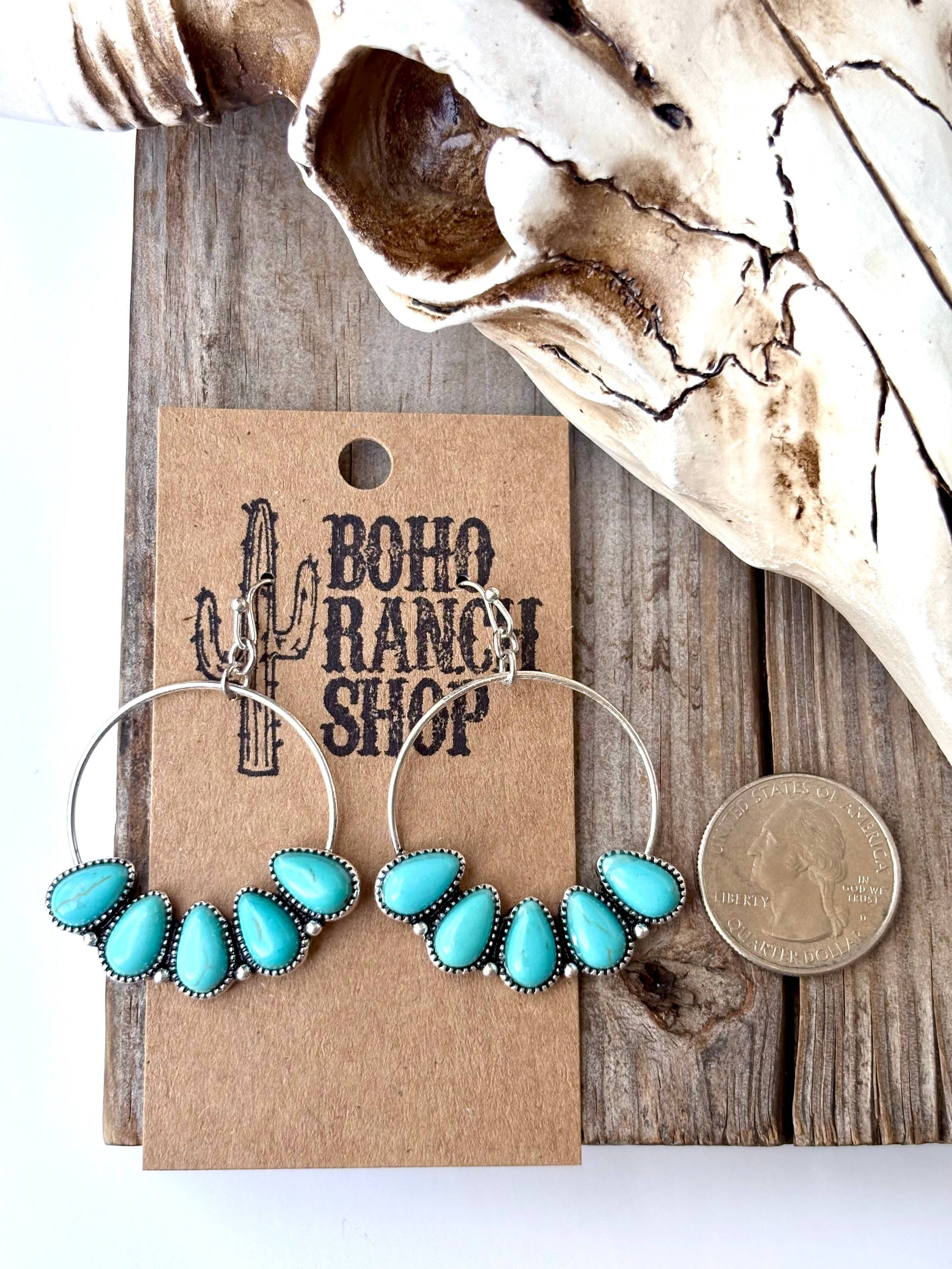 Western Teardrop Stone Hoop Dangle Drop Earrings