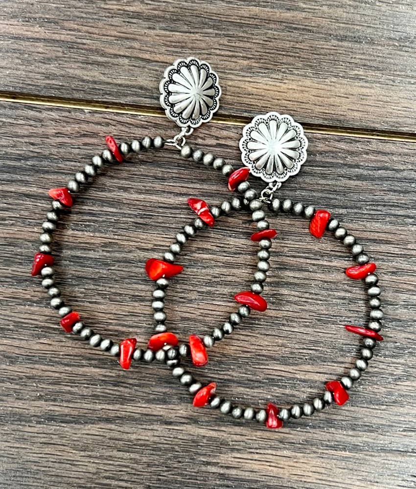 723563, Handmade Coral, Navajo Bead Hoop Earrings