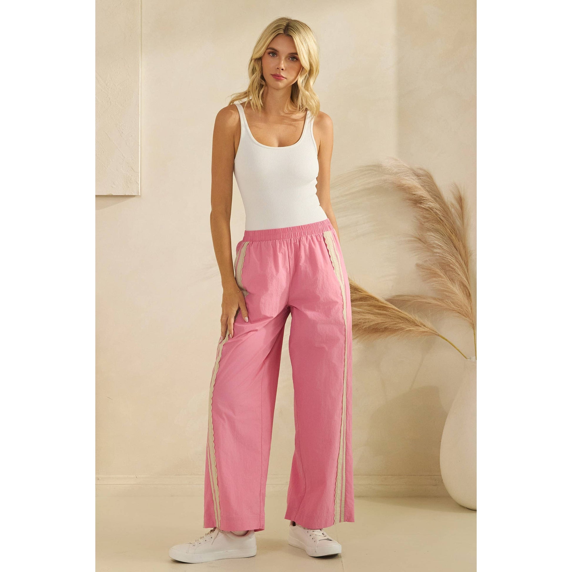 Stripe Nylon Pants with Lace Details