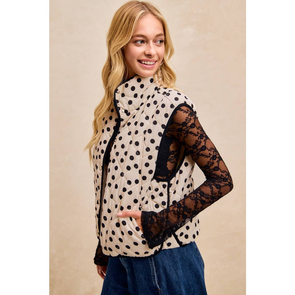 POLKA DOT PRINT PIPING DETAIL QUILTED VEST